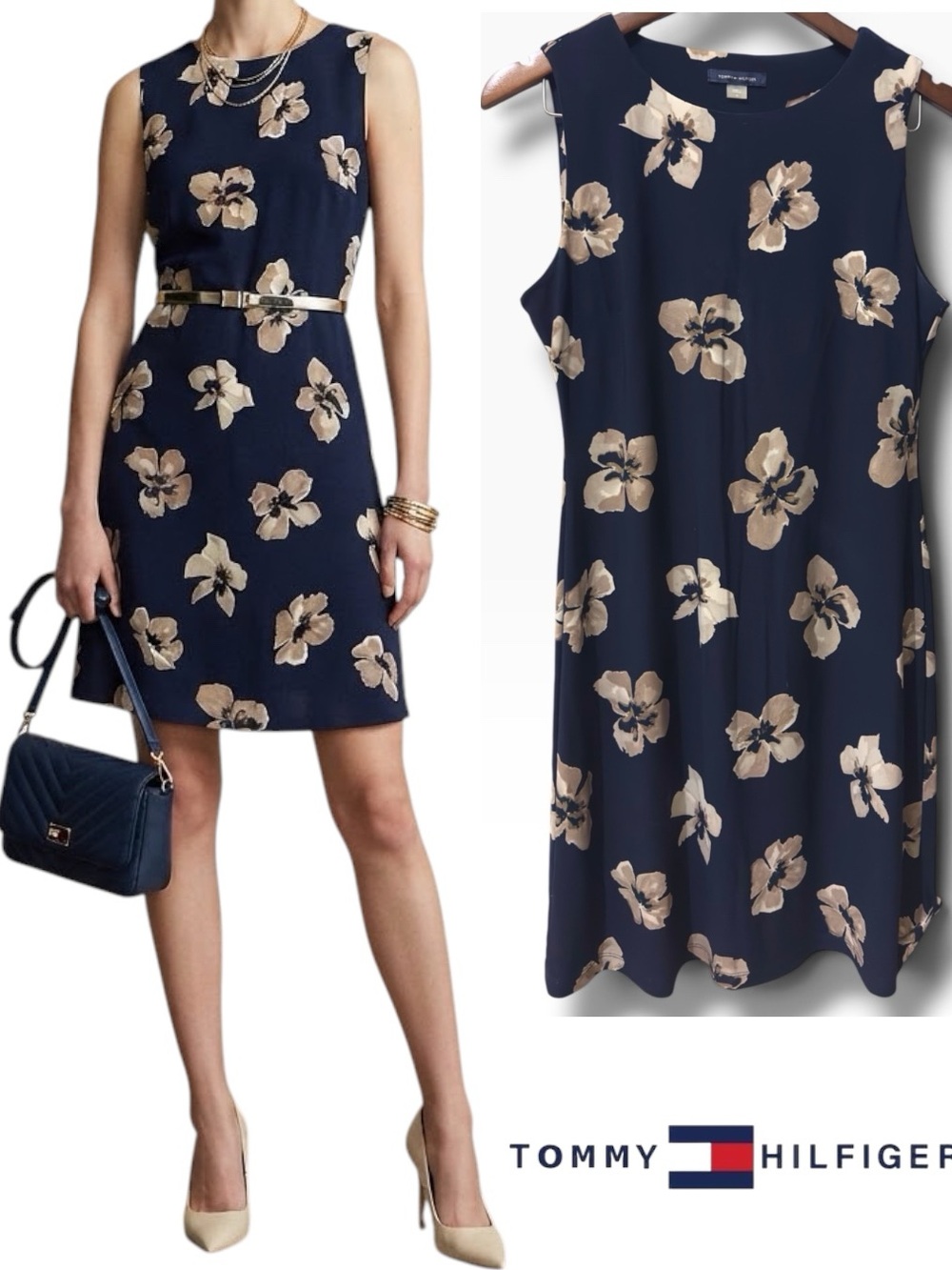 Tommy Hilfiger | NWOT Navy Cream Floral Print Sleeveless Shift Dress (Size 6)